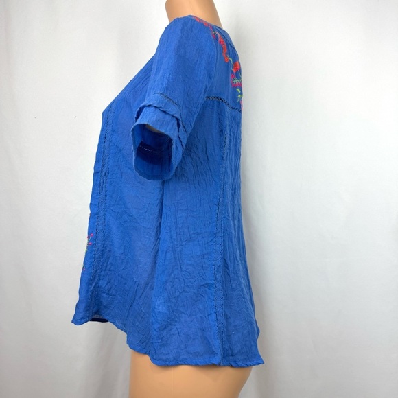 Umgee Women’s Small Gauzy Boho Blue Tunic Top Embroidered Flowers Short Sleeve - Picture 8 of 14